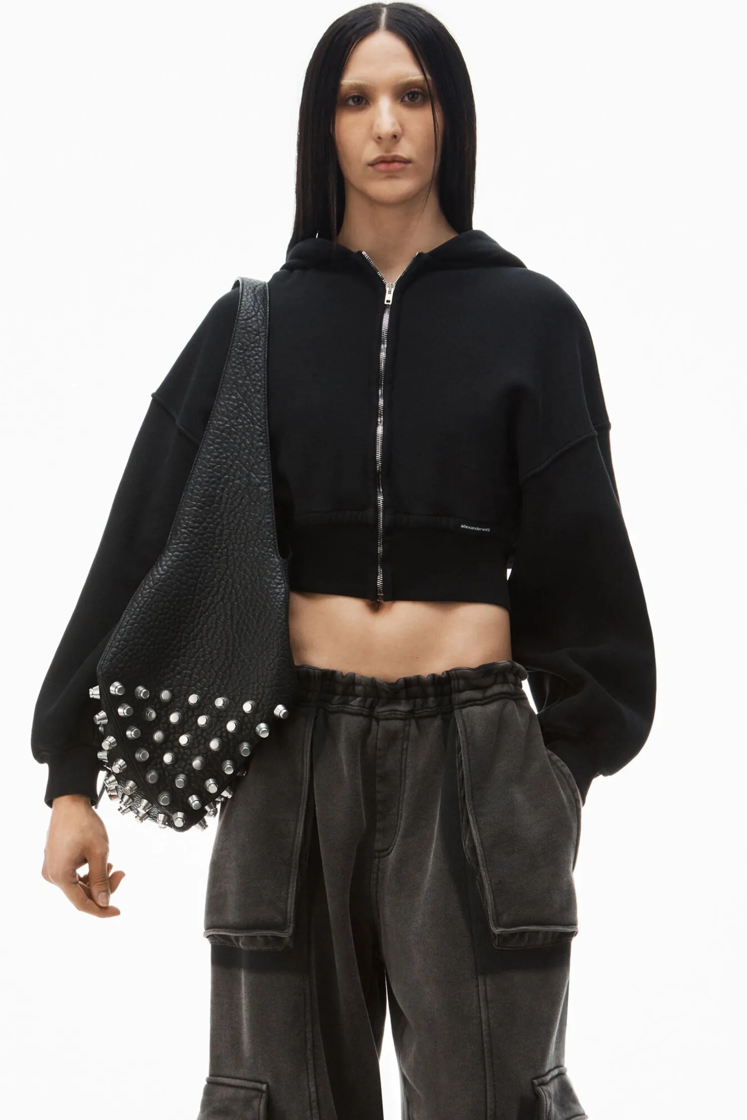 New ALEXANDERWANG.T CROPPED ZIP UP HOODIE FadedBlack