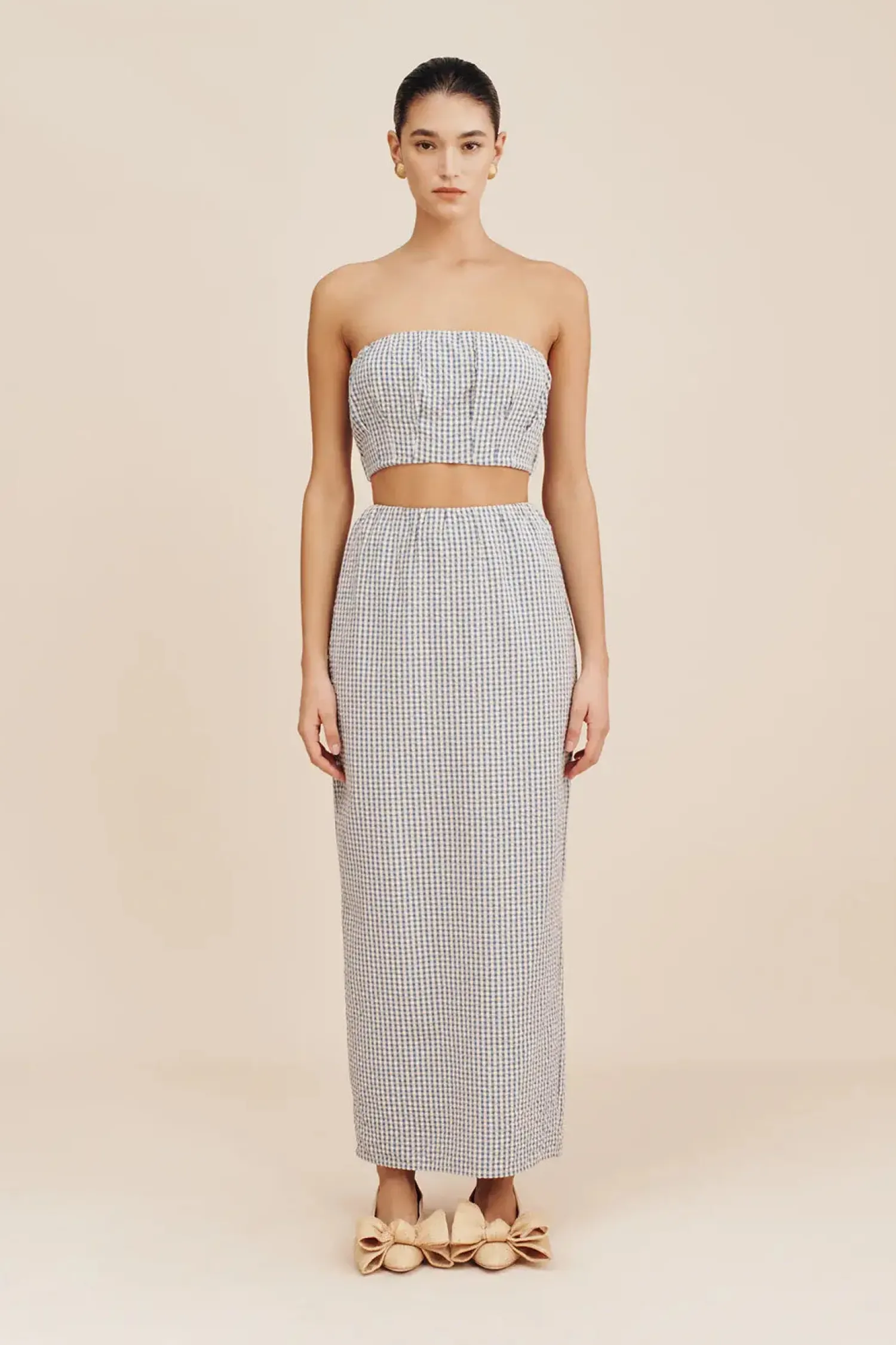 Cheap POSSE MIRA STRAPLESS CROP TOP GinghamBlue&Cream