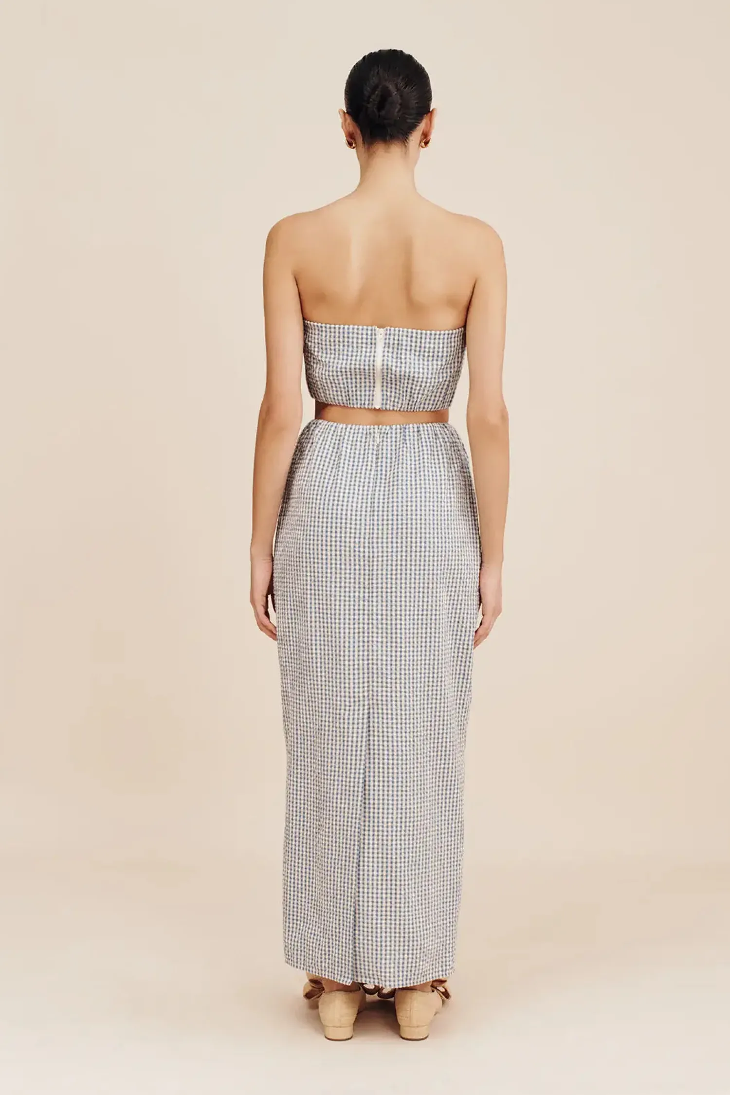 Cheap POSSE MIRA STRAPLESS CROP TOP GinghamBlue&Cream