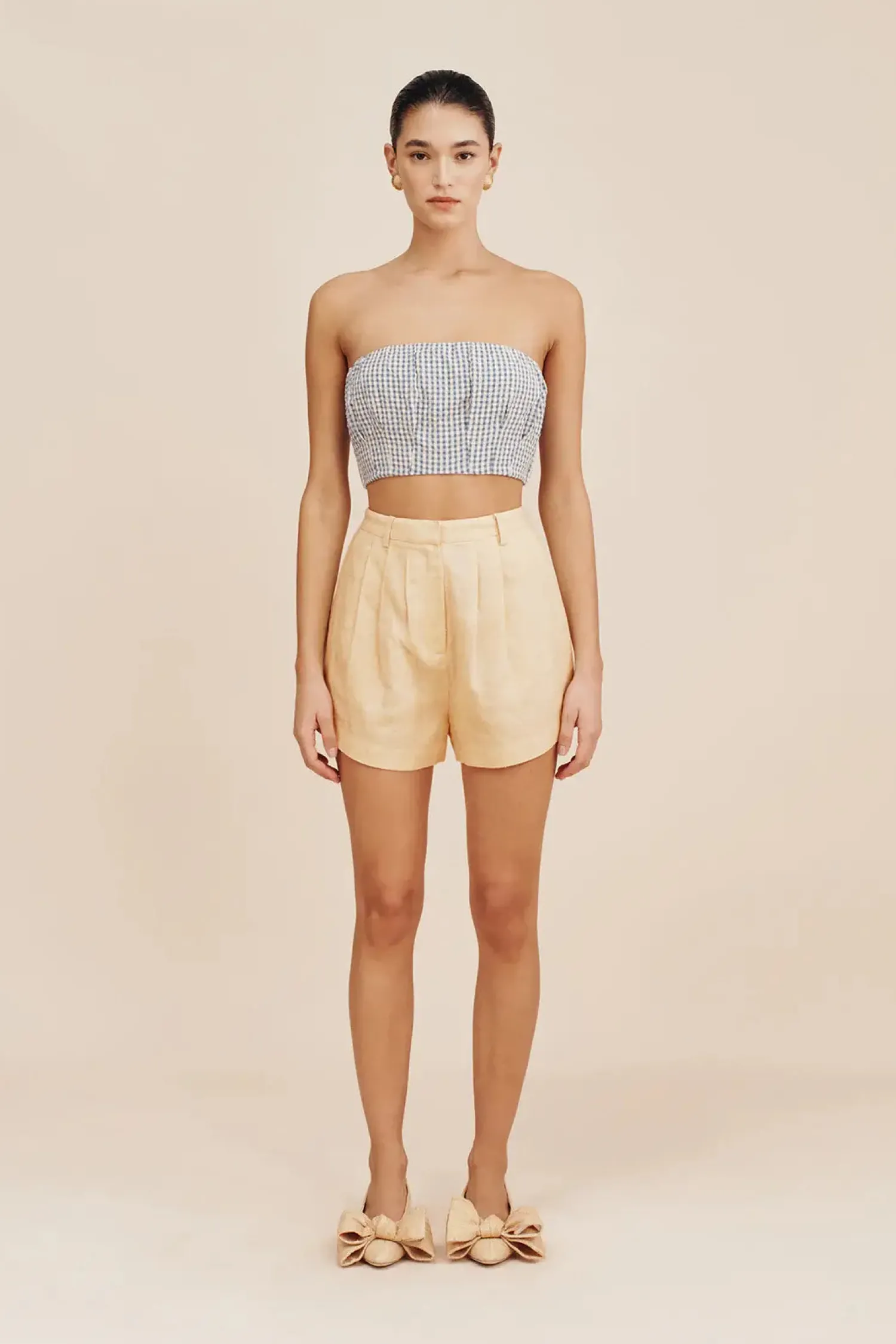 Cheap POSSE MIRA STRAPLESS CROP TOP GinghamBlue&Cream